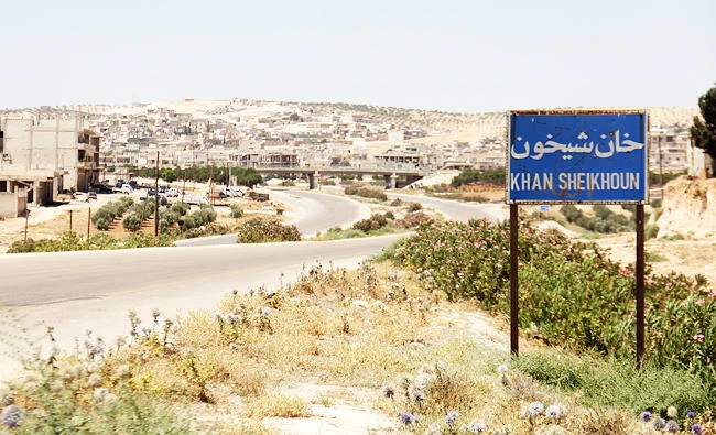 This file photo taken on July 12, 2017 shows the entrance of Khan Sheikhun, a rebel-held town in the northwestern Syrian Idlib province, 100 days following a suspected toxic gas attack that was reported to have killed 88 people, including 31 children. (AFP)