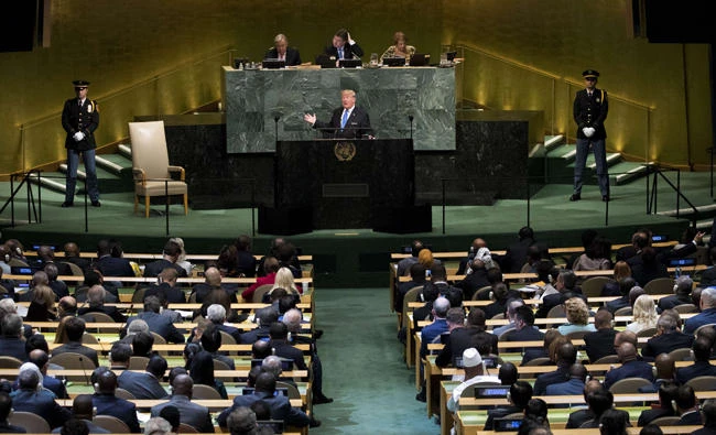US President Donald Trump addresses the United Nations General Assembly at UN headquarters in New York City on Tuesday.(Drew Angerer/Getty Images/AFP)