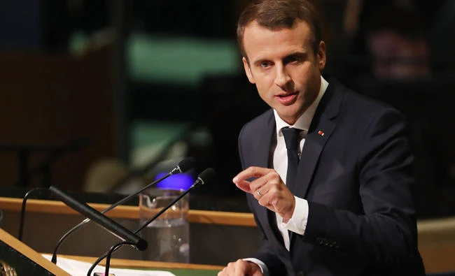 French President Emmanuel Macron speaks to world leaders at the 72nd United Nations (UN) General Assembly at UN headquarters in New York on September 19, 2017. (Spencer Platt/Getty Images/AFP)