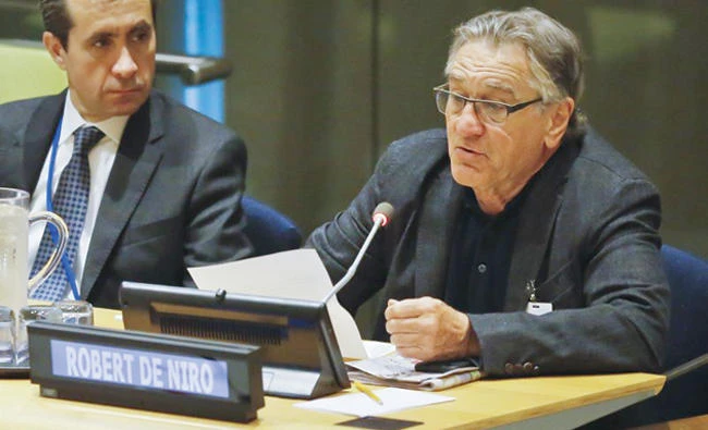 De Niro, right, addresses a high-level meeting on Hurricane Irma at the United Nations headquarters. (AP)