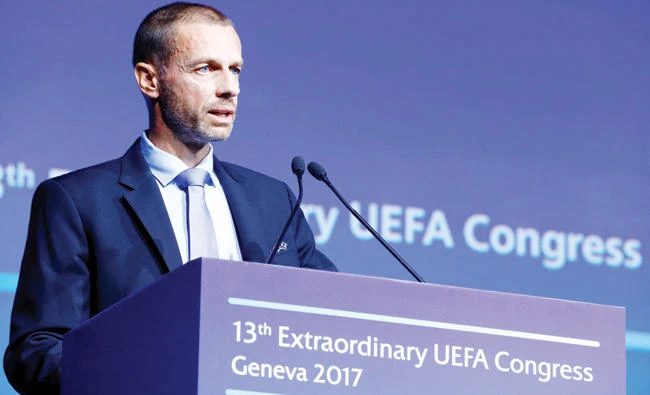 UEFA President Aleksander Ceferin speaks during the 13th Extraordinary UEFA Congress in Geneva, Switzerland, Wednesday. (Reuters)