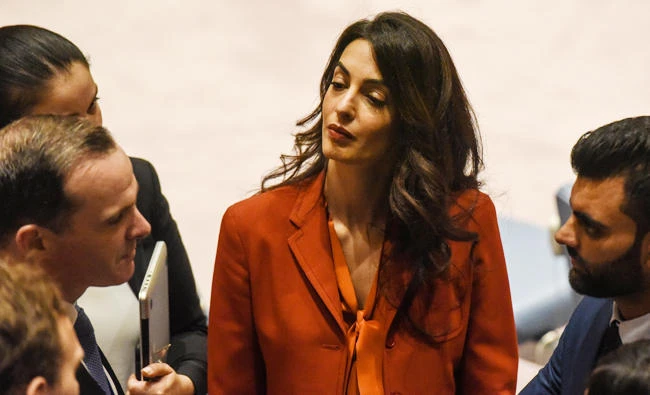 Amal Clooney arrives for a security council meeting at U.N. headquarters during the United Nations General Assembly in New York City, U.S. on Thursday. (Reuters)