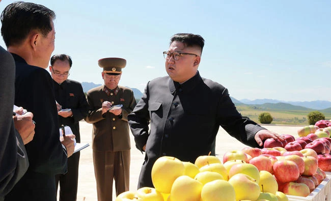 In this undated photo distributed on Sept. 21, 2017, by the North Korean government, North Korean leader Kim Jong Un, right, visits a fruit farm in Kwail County, South Hwanghae Province, North Korea. Kim, in an extraordinary and direct rebuke, called US President Donald Trump "deranged" and said he will "pay dearly" for his threats. (Korean Central News Agency/Korea News Service via AP)