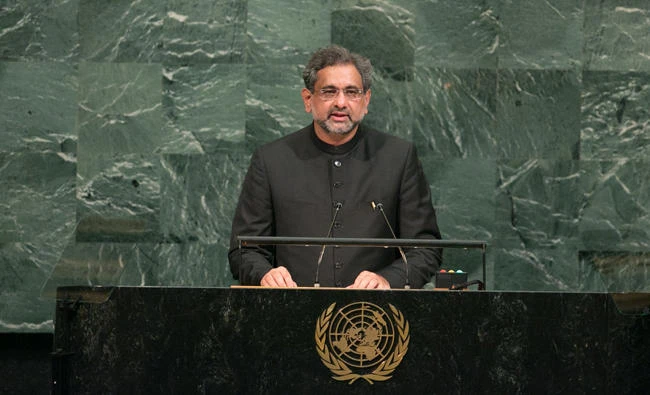 Pakistan's Prime Minister Shahid Khaqan Abbasi addresses the UN General Assembly in New York on September 21, 2017. (Kevin Hagen/Getty Images/AFP)