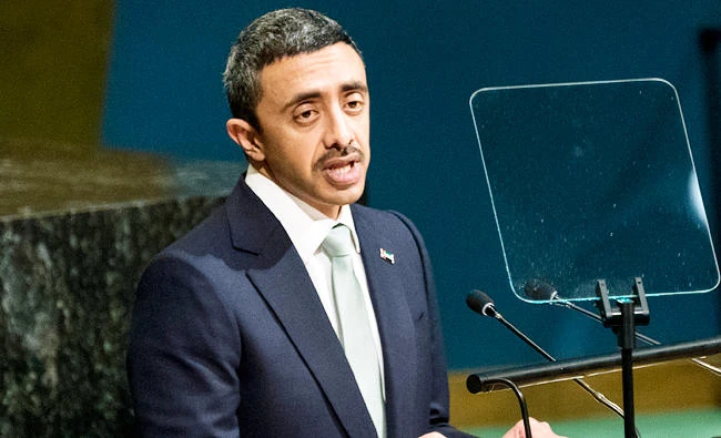 Foreign Minister of the United Arab Emirates Sheikh Abdullah bin Zayed Al Nahyan addresses the United Nations General Assembly, on Friday at U.N. headquarters. (AP)