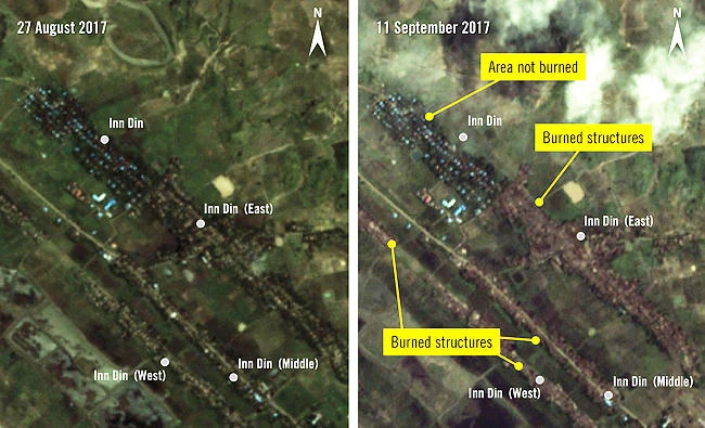 These satellite images courtesy of http://www.planet.com, with analysis and annotations by Amnesty International, show the area of Inn Din (Aan Daang), Myanmar, on August 27, 2017, (L) and on September 11, 2017, (R). (AFP)
