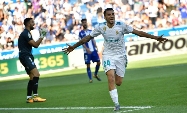 Real Madrid’s Dani Ceballos celebrates his second goal after scoring against Alaves during a match between Real Madrid and Alaves in Vitoria, Spain, on Saturday. (AP)