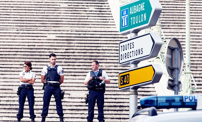 Police secure the area outside the Saint-Charles train station after French soldiers shot and killed a man who stabbed two women to death at the main train station in Marseille, France, on Sunday. (REUTERS)