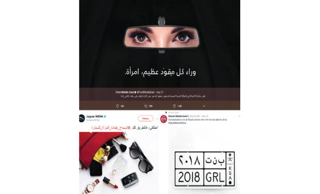 Car manufacturers (from top clockwise) including Ford, Nissan and Jaguar are jostling for position in the race to winthe attention of Saudi female drivers. (Photos courtesy of Ford, Jaguar and Nissan)