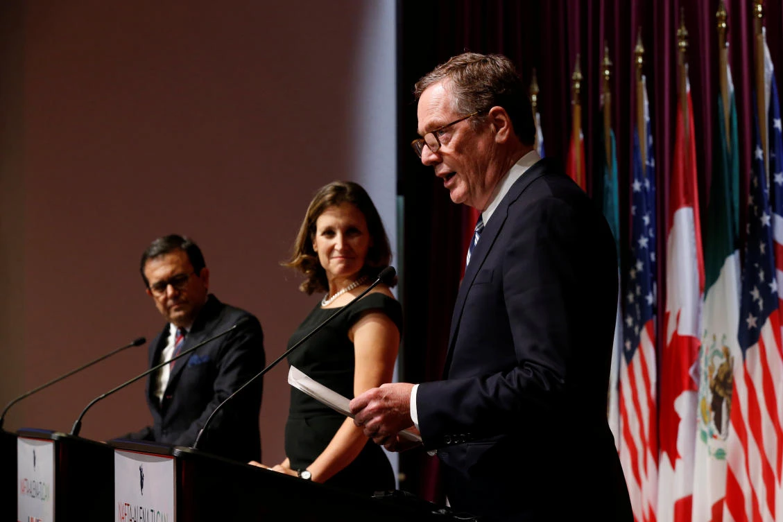 Mexico’s economy minister Ildefonso Guajardo, left, Canada’s foreign minister Chrystia Freeland, center, US trade representative Robert Lighthizer give their media statements at the close of the third round of NAFTA talks involving the US, Mexico and Canada. (Reuters)