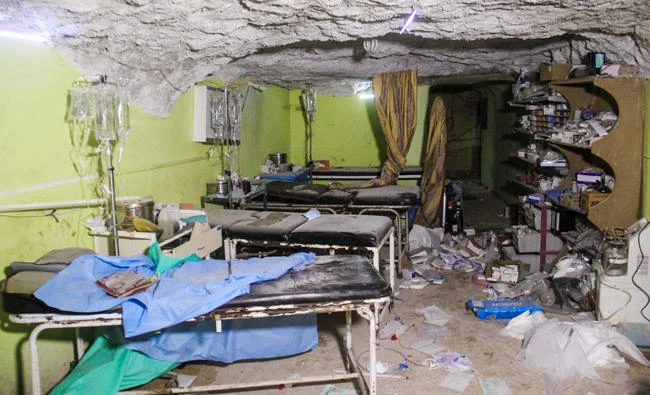This file photograph taken on April 4, 2017, shows destruction at a hospital room in Khan Sheikhun, a rebel-held town in the northwestern Syrian province of Idlib, following a suspected toxic gas attack. (AFP / Omar Haj Kadour)