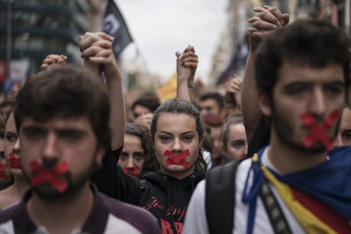 Independence supporters march during a demonstration in downtown Barcelona, Spain on October 2. Catalan leaders accused Spanish police of brutality and repression during an attempt at an independence vote. (AP)