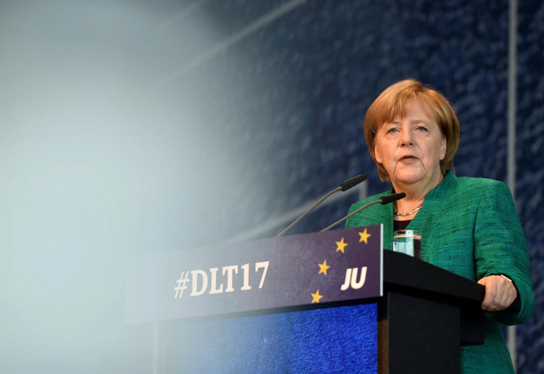 German Chancellor Angela Merkel addresses a meeting of her conservative CDU’s youth organization, the Junge Union (Young Union), in Dresden on October 7. (Reuters)