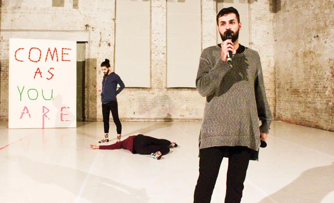 Medhat Aldaabal, a 30-year-old migrant from Syria, practices ahead of a performance of ‘Come As You Are’ in Berlin. (AP)