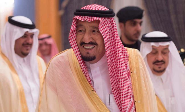 King Salman arriving at the King Salman Airbase in Riyadh on Sunday night. (SPA)