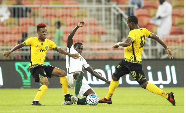 A bit of action of the Saudi-Jamaica football match at the King Abdullah Sports City Stadium in Jeddah on Saturday night. (SPA)
