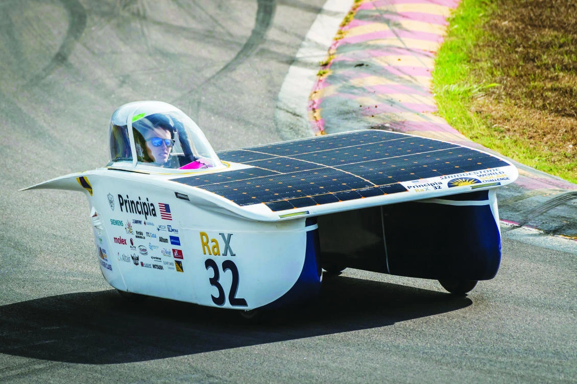 The Principia Solar Car from the US competes during the qualification lap for the 2017 World Solar Challenge at Hidden Valley race track
in Darwin, Australia. Solar cars from 21 countries will start a 3,000 kilometers race from Darwin to Adelaide
to raise awareness about solar technology. (AP)