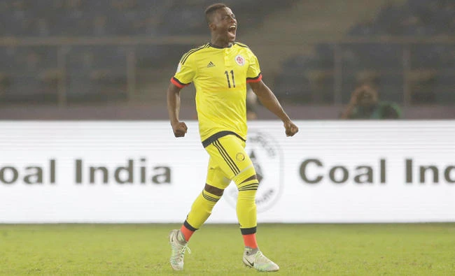 Colombia’s Juan Penaloza celebrates a goal against India during the FIFA U-17 World Cup in New Delhi Monday. (AP)