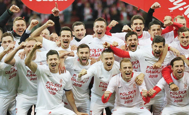 Poland players celebrate after winning their last World Cup Group E qualifying soccer match against Montenegro to qualify, at the National Stadium in Warsaw Sunday. (AP)