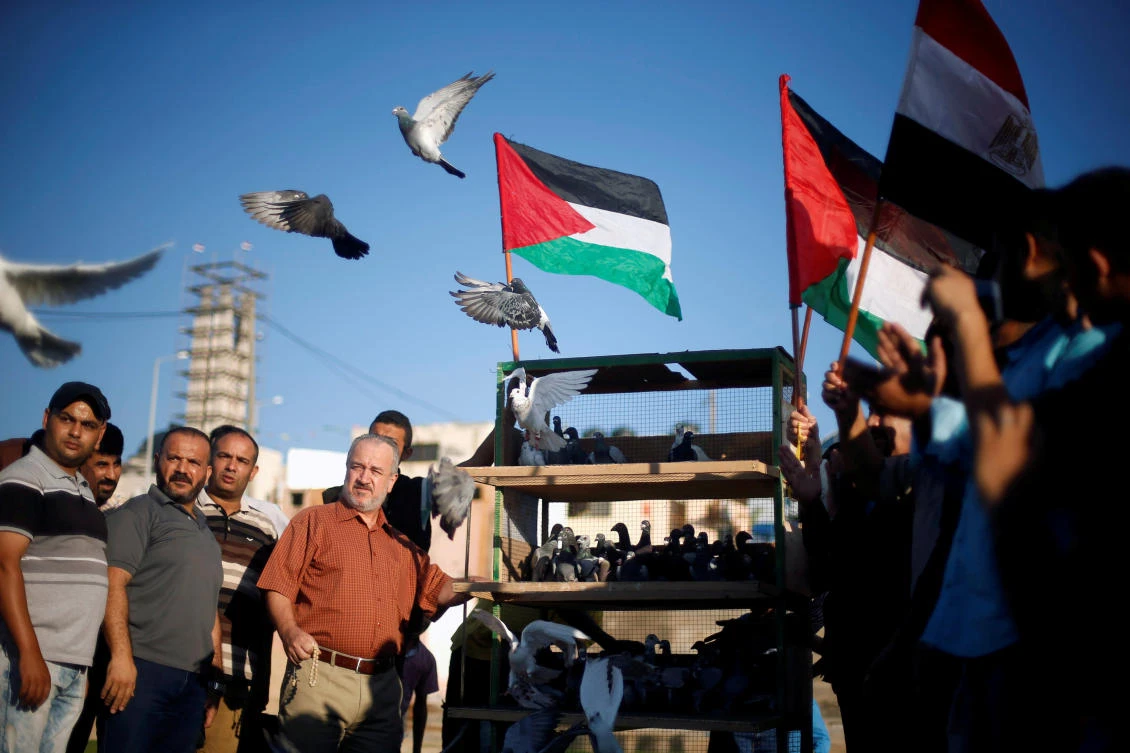 People release pigeons during an event to show support for a unity deal between rival Palestinian factions Hamas and Fatah in Gaza City on October 13, 2017. (REUTERS/Mohammed Salem)