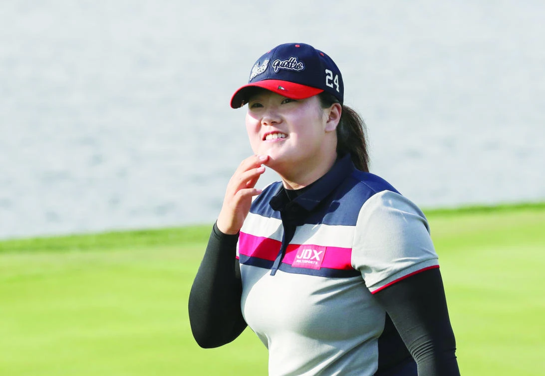 Angel Yin of the US smiles after finishing the second round of the LPGA KEB Hana Bank Championship on Friday in Incheon, South Korea. (AP)