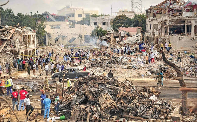 A general view of the scene of Saturday’s explosion of a truck bomb in the center of Mogadishu, Somalia. (AFP)