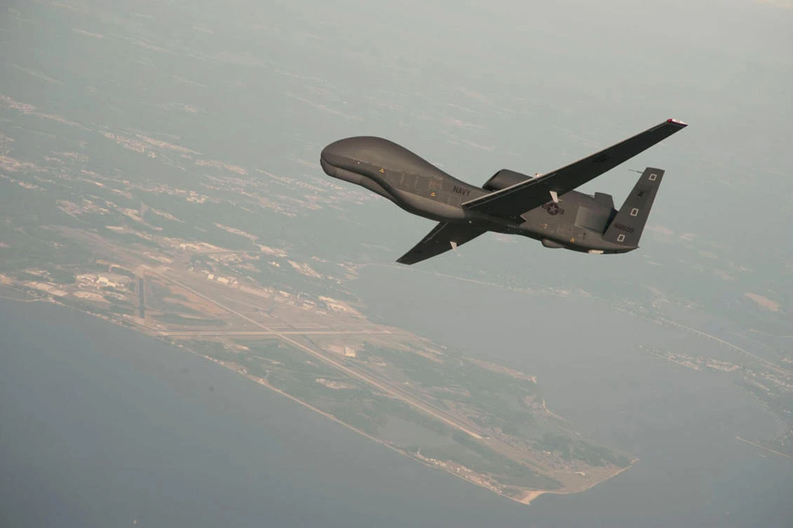 A file photo of a RQ-4 Global Hawk drone is conducting tests over Naval Air Station Patuxent River, Maryland, US in this undated US Navy photo. (Reuters)