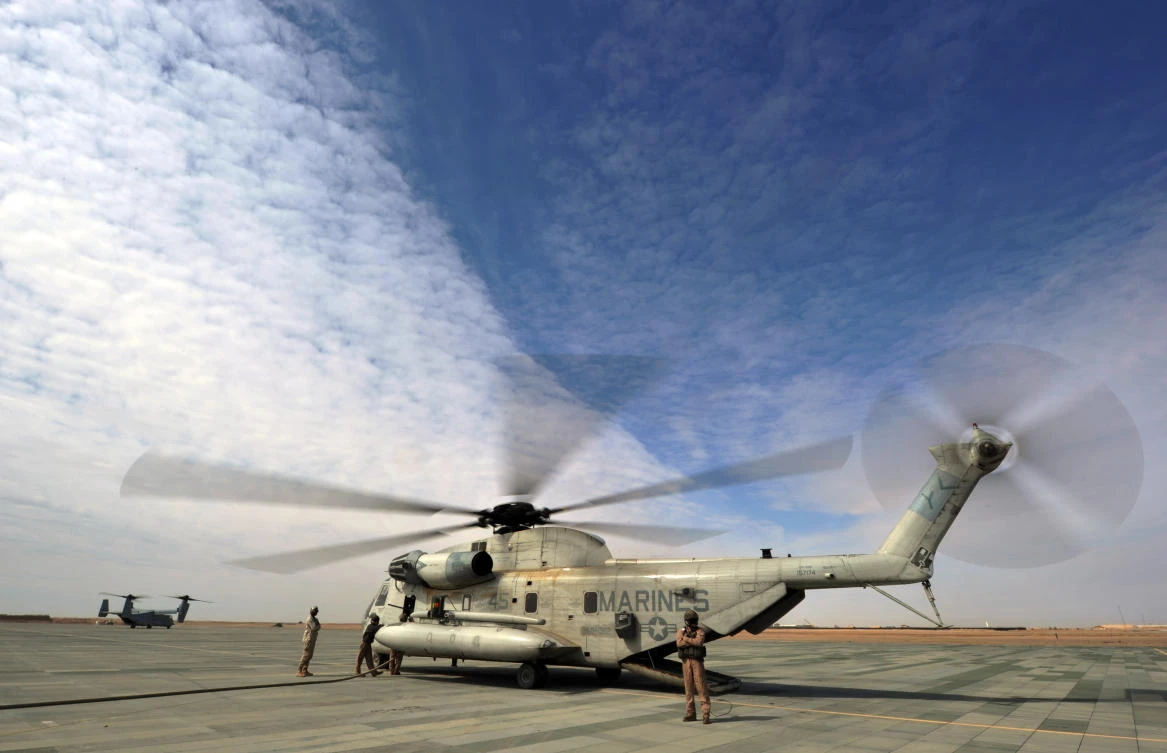 The US grounded its CH-53 helicopters, similar to one above, for a week following a crash landing of a CH-53 chopper in an empty field on the western Japanese island of Okinawa. (AFP)