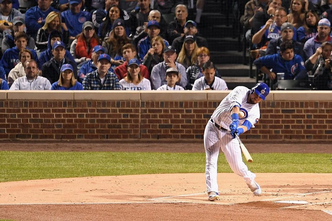 Kyle Schwarber of the Chicago Cubs hits a home run in the first inning against the Los Angeles Dodgers during game three of the National League Championship Series at Wrigley Field on October 17, 2017. (AFP)