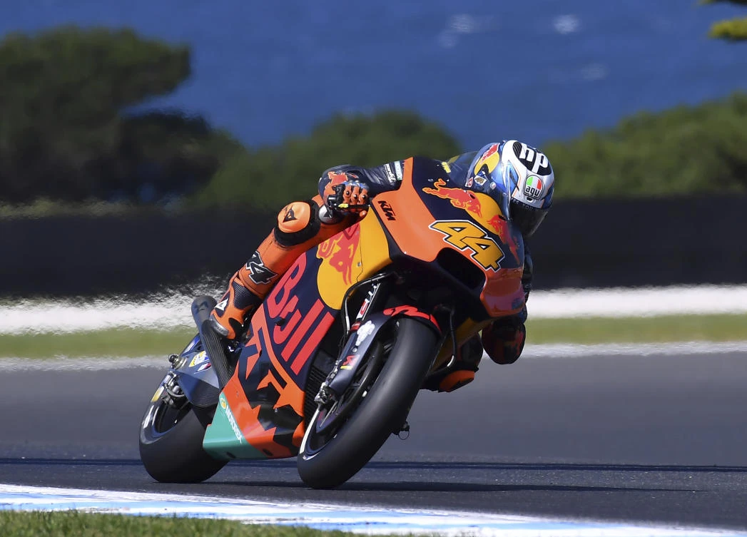 Spain’s MotoGP rider Pol Espargaro steers his KTM during the first practice session for the Australian Motorcycle Grand Prix at Phillip Island near Melbourne, Australia, Friday, Oct. 20, 2017. (AP Photo/Andy Brownbill)