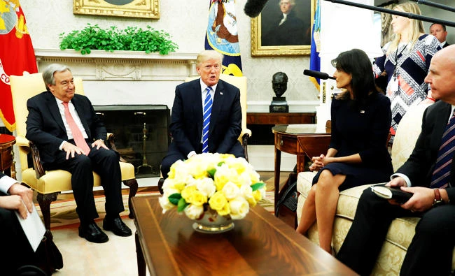 U.S. President Donald Trump, flanked by U.S. Ambassador to the U.N. Nikki Haley (2nd R) and White House National Security Advisor H.R. McMaster (R) delivers remarks to reporters as he welcomes United Nations Secretary General Antonio Guterres (L) for a meeting in the Oval Office at the White House in Washington, U.S. on Friday. (REUTERS)
