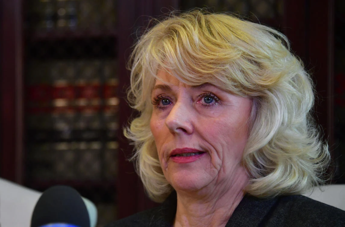 Former actress Heather Kerr speaks at a press conference on October 20, 2017, as she alleges she was sexually harassed by Harvey Weinstein. (AFP)