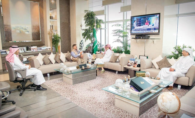 Prince Alwaleed bin Talal, chairman of KHC, discusses investment issues with Ahmed Javed, ambassador of India to Saudi Arabia. The meeting was also attended by Ahmed Altobaishi and Ziyad Alomair, executive assistants to Prince Alwaleed.