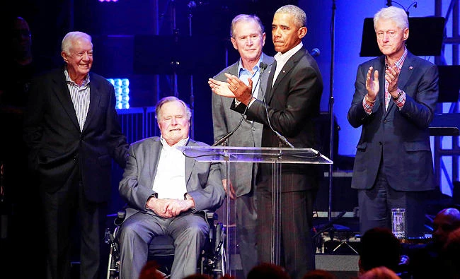 5 former presidents appear together for hurricane relief