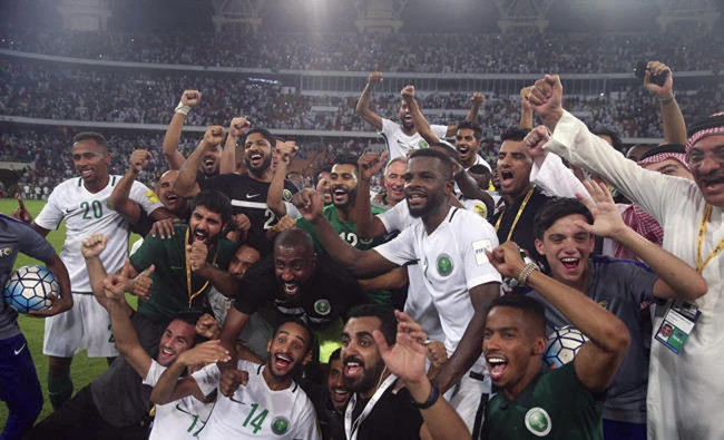 Saudi Arabia celebrate making it to next year’s World Cup. It is hoped several of the players get to play in Europe before the tournament in Russia. (AP)