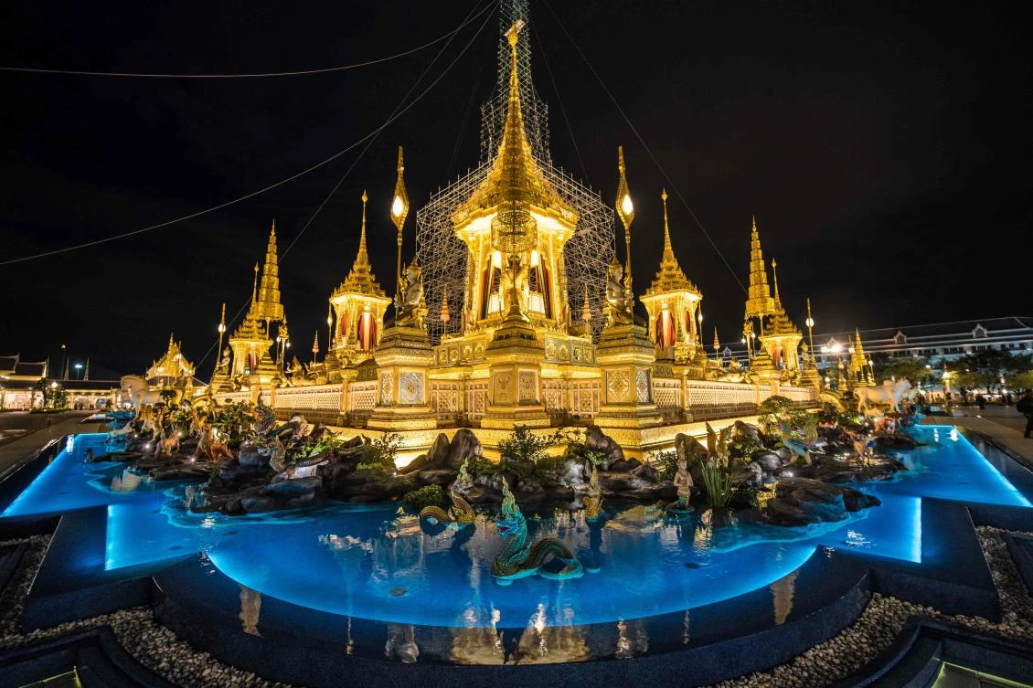 The main edifice of the cremation site for Thailand’s late king Bhumibol Adulyadej is surrounded by a shallow pool. (AFP)