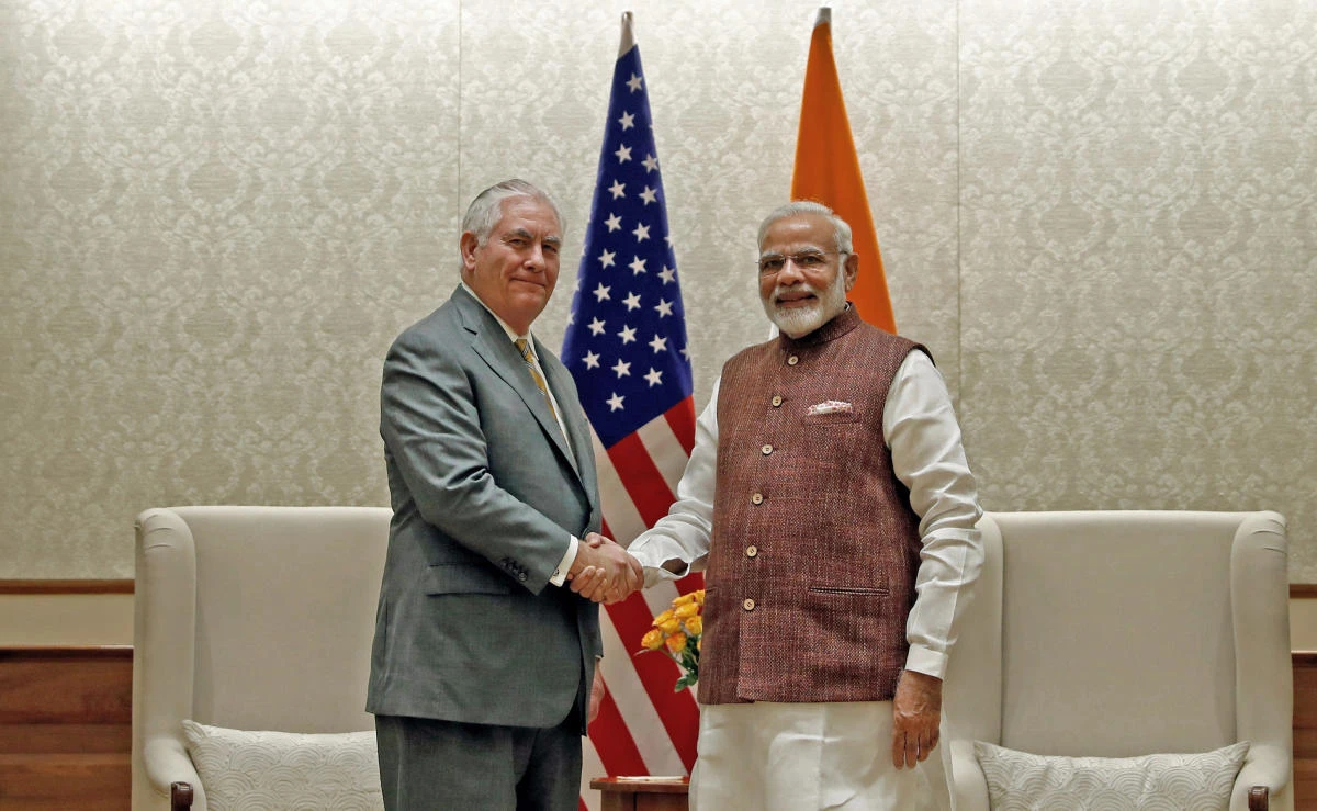 US Secretary of State Rex Tillerson shakes hands with Indian Prime Minister Narendra Modi before their meeting at the Prime Minister’s residence in New Delhi, India on October 25, 2017. (REUTERS)