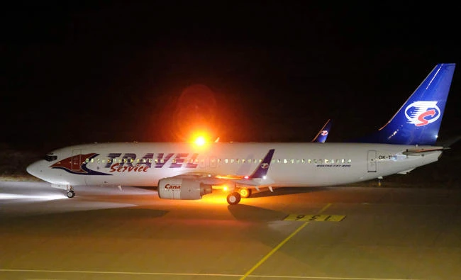 A Boeing 737 airplane of the Czech airline "Travel-Service" taxis before takeoff at the Leipzig-Halle airport in Schkeuditz, eastern Germany on October 24, 2017. The flight, en route to Kabul, Afghanistan is believed to have refugees from Afghanistan on board. (AFP)