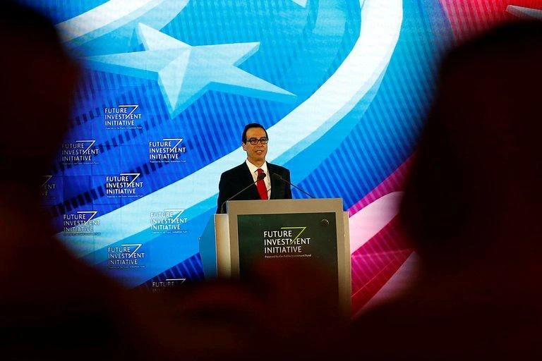 Steven Mnuchin, the Treasury secretary, at a conference in Riyadh, Saudi Arabia, on Wednesday. (Reuters)