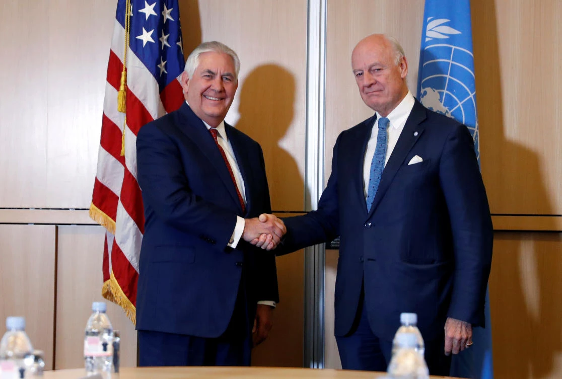 US Secretary of State Rex Tillerson shakes hands with UN Special Envoy for Syria Staffan de Mistura . (Reuters)