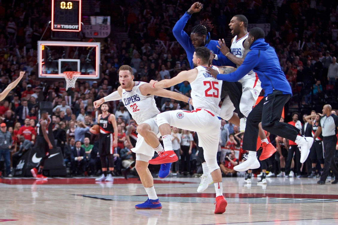 LA Clippers forward Blake Griffin (32) celebrates after making a game winning three point basket against the Portland Trail Blazers during the fourth quarter at the Moda Center. (Craig Mitchelldyer-USA TODAY Sports)