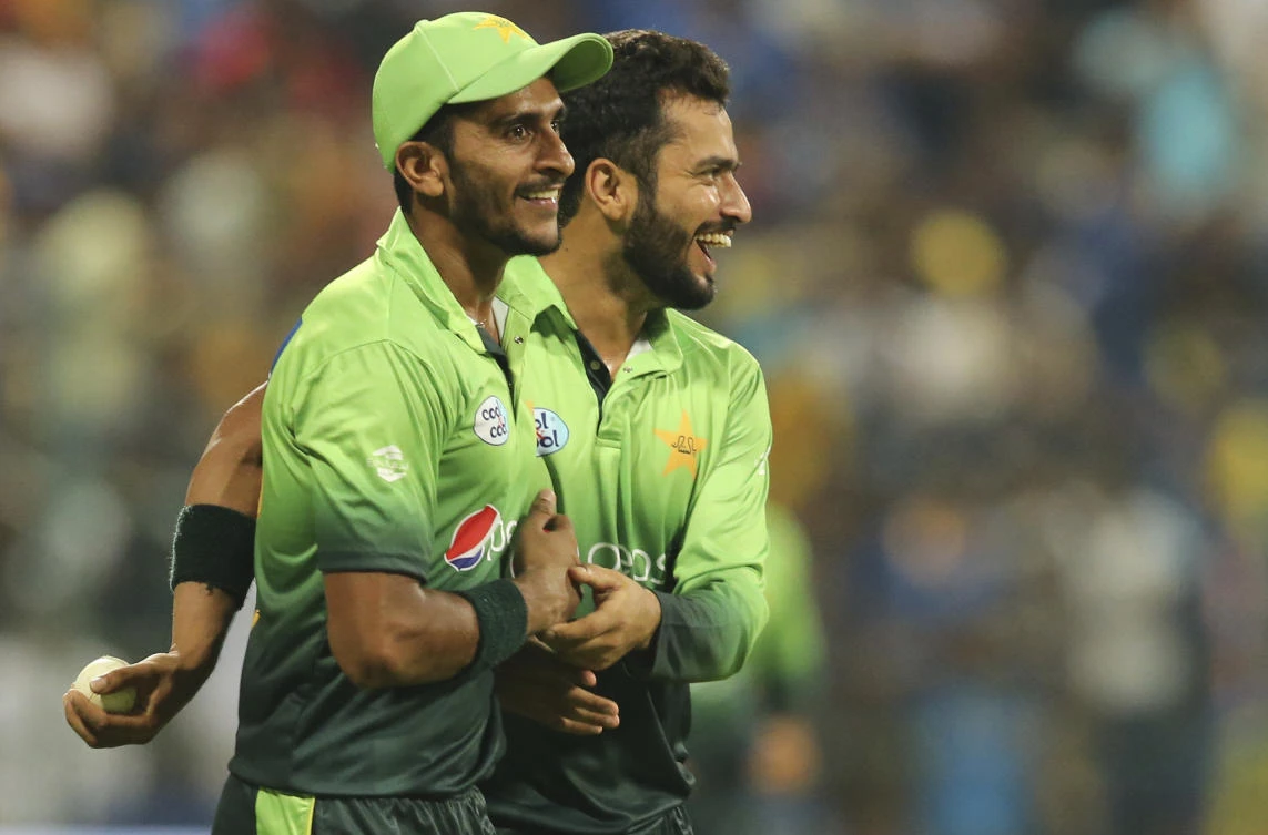 Pakistan’s Mohammad Nawaz, right, and Hassan Ali celebrate the dismissal of Sri Lanka’s Isuru Udana during their second day of a T20 cricket match in Abu Dhabi, United Arab Emirates on Friday, October 27, 2017. (File photo by AP)