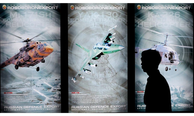 In this file photo, Russian defence aircraft billboards displayed at the China Airshow 2008 in the south China city of Zhuhai. The US published on October 27, 2017, a list of 39 firms with ties to Russia's military and intelligence agencies whose clients and partners face sanctions under a new US law. (AFP)