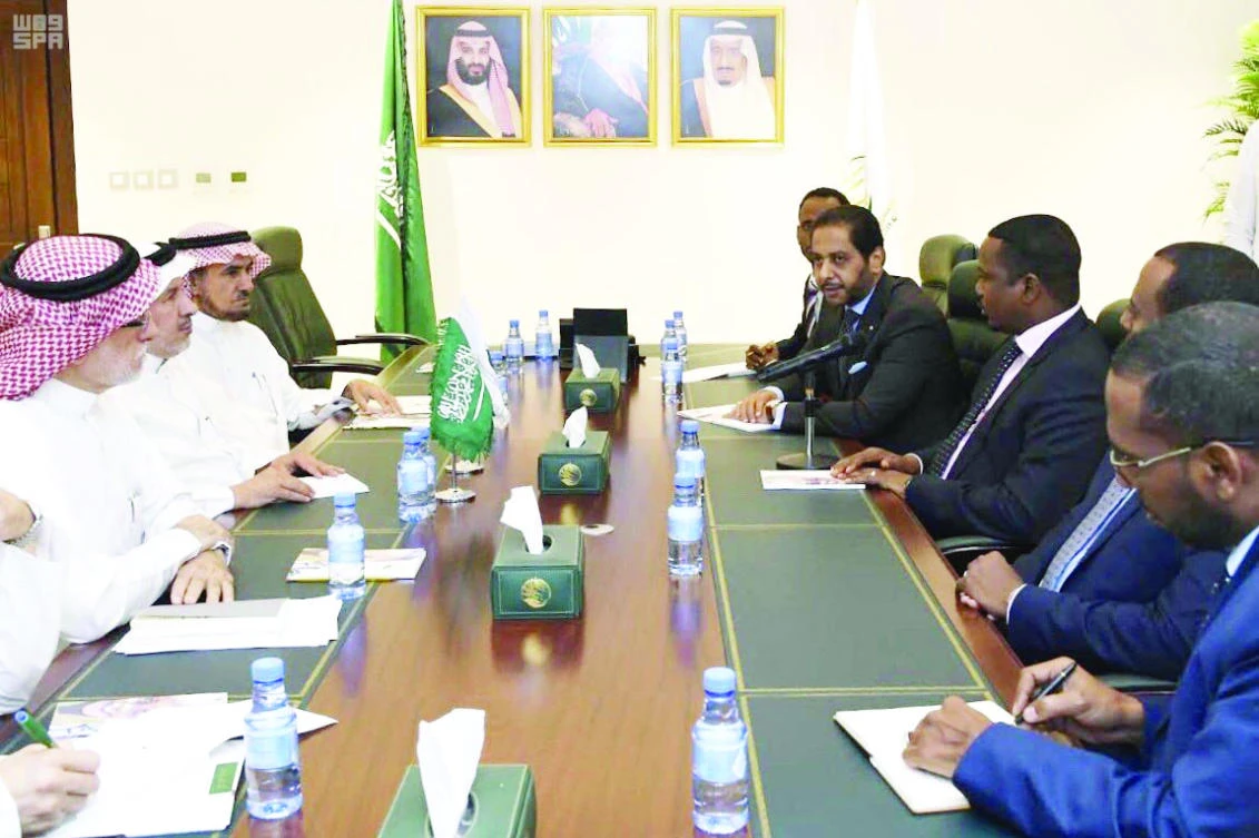 KSRelief General Supervisor Abdullah Al-Rabeeah meets with Djibouti Health Minister Djama Elmi Okieh in Riyadh on Friday. (SPA)