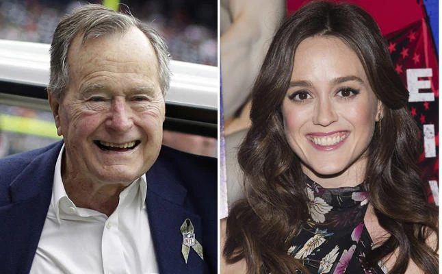 In this combination photo, former president George H.W. Bush appears at an NFL football game in Houston between the Buffalo Bills and the Houston Texans on Nov. 4, 2012, left, and actress Heather Lind appears at AMC's "Turn: Washington's Spies" season three premiere event in New York on April 20, 2016. (AP Photo/File)