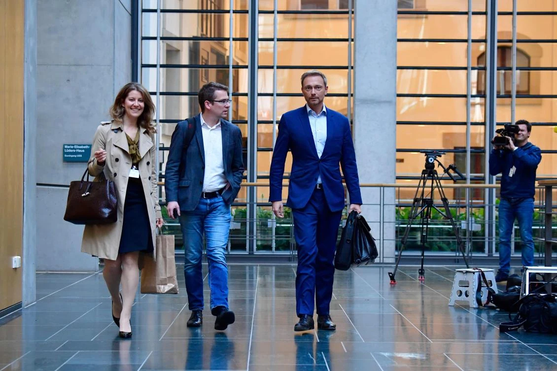 The leader of Germany’s free democratic FDP party Christian Lindner leaves after exploratory talks with party members of the Greens, on Oct. 19, 2017 in Berlin. (AFP/Tobias Schwarz)
