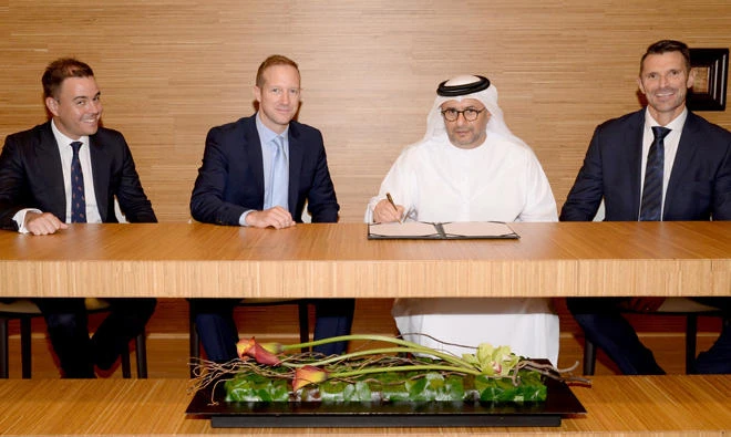 Officials of Address Residences Jumeirah Resort + Spa and Multiplex Constructions LLC at the signing ceremony.