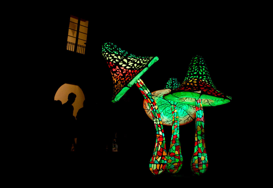 Visitors walk past part of a work entitled "UNUM" by Mexican artist Miguel BolÃ­var, part of the International Festival of Lights in Mexico City, Friday, Nov. 17, 2017. This years festival, featuring installations and projections, is lighting up the capital's historic center until Nov. 19.(AP Photo/Rebecca Blackwell)