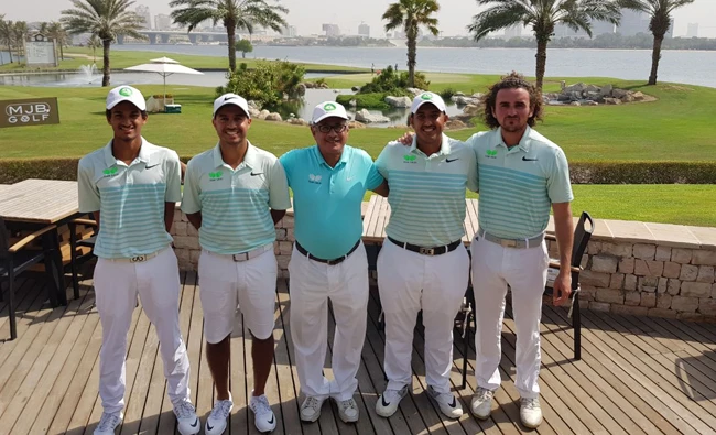 Saudi national golf team to the 37th Pan Arab Golf Championship during the MENA Tour event at Dubai Creek Golf Club. From left, Saud Al-Sharif, Othman Almulla, coach Ali Balharith, Abdurahman Almansour and Ali Alsakha. (AN photo)