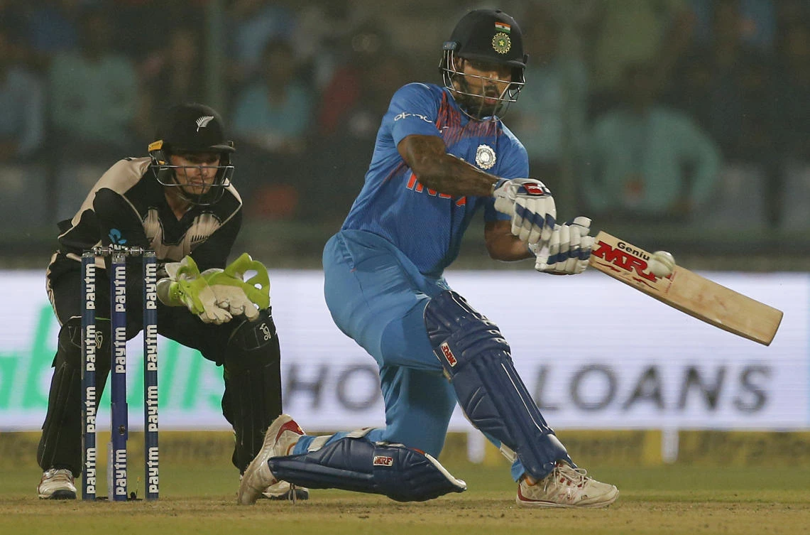 India’s Shikhar Dhawan plays a shot during their first Twenty20 match against New Zealand in New Delhi, India, Wednesday, Nov. 1, 2017. (AP/Altaf Qadri)